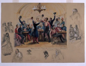 Jelenet a Cafe du Commerce Valetta-ban, „Dying for the Fatherland”, Málta, 1854 (wc és ceruza papíron)