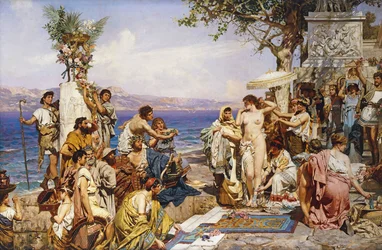 Phryne Poszeidón, a tengerek istenének fesztiválján,