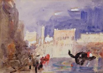A Dózse-palota és a Piazetta a Bacino di San Marco túloldaláról (fekete kréta és akvarell fehér kiemeléssel)