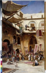 Szőnyegkereskedő Isztambul Stamboul kerületének utcáin. Pulyka. Herman David Salomon Corrodi festménye (1844-1905) cm 110x81 Olaj, vászon Kötelező megemlítés: Gyűjtemény alapítványi üdvözlettel Provence Marseille
