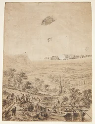 Panorámás táj gazdákkal, halászokkal és egy falusi templommal