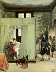Egy protestáns úriember Marguerite de Valois francia királynő, Margot királynő (1553-1615) ágyában talál menedéket Saint Barthelemy (Saint-Barthelemy) napján, 1572. augusztus 24-én. Hermann Vogel (1856-1918) illusztrációja „IV. Henrik”