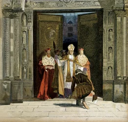 IV. Henrik (1553-1610) elítélése a Saint Denis-i apátságban a bourges-i boltív, Renaud de Beaune (1527-1606) jelenlétében. A király 1593. július 25-én elítélte a protestantizmust. Hermann Vogel (1856-1918) illusztrációja: „IV. Henrik”