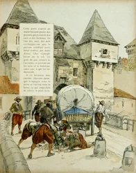 Amiens meglepetés. A spanyolok 1597. március 11-én egy trükk segítségével elfoglalták Amiens városát úgy, hogy kocsival blokkolták a boronát. Illusztráció, 1907, Hermann Vogel
