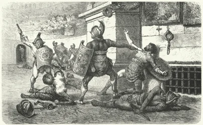 Gladiátorok harcolnak az arénában az ókori Rómában