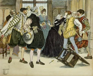 Jean Châtel (1575-1594) merénylete 1594. december 27-én, aki egy királyi kihallgatás alatt belépett Gabrielle d