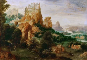 Táj az irgalmas szamaritánus példázatával - Táj az irgalmas szamaritánus példázatával - Henri de Herri met de Bles (1510-1550). Olaj, fa, 1540 körül. Mérete: 29x42 cm. Művészettörténeti Múzeum, Bécs