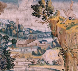 Flamand kárpit. Sorozat Négy gobelin Hieronymus Bosch nyomán. Szent Antal imában (San Antonio en oración). A sorozat második kárpitja. Modell Hieronymus Bosch munkája ihlette. Gyártás Ismeretlen műhely, Brüsszel. 1560 előtt Fabric Go