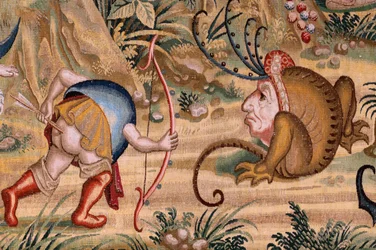 Flamand kárpit. Sorozat Négy gobelin Hieronymus Bosch nyomán. Szent Antal imában (San Antonio en oración). A sorozat második kárpitja. Modell Hieronymus Bosch munkája ihlette. Gyártás Ismeretlen műhely, Brüsszel. 1560 előtt Fabric Go
