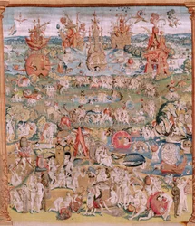 Flamand kárpit. Sorozat Négy gobelin Hieronymus Bosch nyomán. A földi gyönyörök kertje (Jardín de las Delicias). A sorozat negyedik kárpitja. Modell Hieronymus Bosch munkája ihlette. Gyártás Ismeretlen műhely, Brüsszel. 1560 előtt Fa