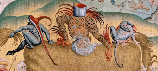 Flamand kárpit. Sorozat Négy gobelin Hieronymus Bosch nyomán. Az emberi élet megpróbáltatásai (Tribulaciones de la vida humana). Harmadik kárpit a sorozatban. Modell Hieronymus Bosch munkája ihlette. Gyártás Ismeretlen műhely, Brüsszel. 1560 előtt