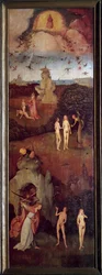 A szénás szekér Ádám és Éva teremtése. A Paradicsomból vadásznak rájuk az eredendő bűn után. Az allegorikus triptikus bal oldali panel a hágón, Hieronymus Van Aeken (Aken) Jerome Bosch (1450-1516) jelene, 1490 körül. Madrid, Prado Múzeum