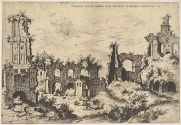 Kilátás a Palatinus-hegy romjaira, bal oldalt trabált homlokzattal, középen árkádokkal, fr..., 1550.