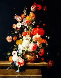 Rózsa, bazsarózsa, tulipán és hortenzia egy dekoratív bronz urna (olaj, panel)