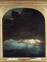 A fiatal mártír. Egy fiatal keresztény mártír glóriás holtteste lebeg a víz felszínén. 1855. Méretek: 1,7 x 1,48 m. Párizs, Louvre Múzeum.