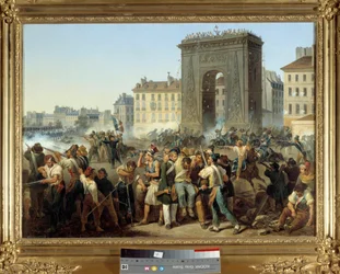 Saint Denis kapui csata 1830. július 28. Párizsi felkelés az 1830-as forradalom alatt vagy Trois Glorieuses. Hippolyte Lecomte (1781-1857) festménye. 1830. Dim. 0,43 x 0,60 m. Párizs, Musee Carnavalet – Harc a Porte Saint Denisnél, 1830. július 28.
