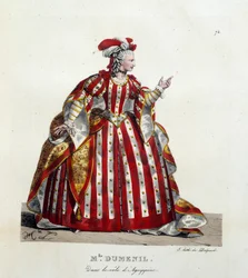 Marie Francoise Marchand francia színésznő Mademoiselle Dumesnil-t (1713-1803) hívta Agrippine szerepében Jean Racine (1639-1699) „Britannicus” című darabjában a francia vígjátékban. Hippolyte lecomte litográfiája (1781-1857). Magángyűjtemény