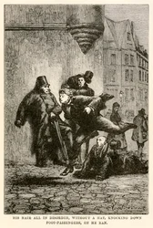 Rendetlen haja, kalap nélkül, lesújtva az utasokat, futott rajta Jules Verne (1828-1905) „Nyolcvan nap alatt a világ körül” című művéből, amelyet Louis metszett.