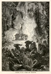 Rémkiáltás Jules Verne (1828-1905) Nyolcvan nap alatt a Föld körül című művéből, Adolphe François Pannemaker (1822-1900) metszete.