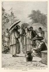 Séta során Passepartout számos régi bennszülöttre bukkant, Jules Verne (1828-1905) nyolcvan nap alatt a világ körül című művéből, amelyet Adolphe François Pannemaker (1822-1900) metszett, 1873