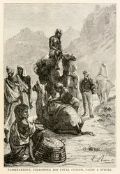 A Passepartout, szokásos szokása szerint, sétát tesz Jules Verne (1828-1905) Nyolcvan nap alatt a világ körül című művéből, amelyet Adolphe François Pannemaker (1822-1900) metszett, 1873