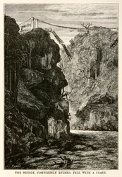 A teljesen tönkrement híd zuhanással zuhant le Jules Verne (1828-1905) nyolcvan nap alatt a világ körül című művéből, amelyet Louis metszett, 1873