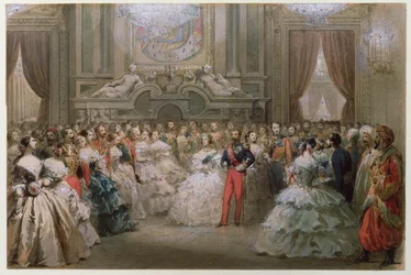 Viktória királynő (1819-1901) és Albert herceg (1819-61) III. Napóleon és Eugenie ünnepi vacsoráján, 1853 (wc papíron)