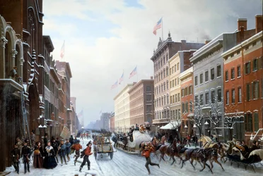 Egy utca Manhattantől New Yorkig 1840-ben Hippolyte Victor Valentin Sebron (1801-1879) festménye 1840 V. 2,25 x 3,30 m Blerancourt. Musee Franco American – utca Manhattanben, New York államban
