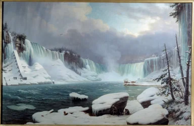 A nagy Niagara szürkehályog, téli hatás. Kilátás a Niagara-vízesésre. Hippolyte Victor Valentin Sebron (1801-1879) festménye