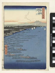 A part Samezuban Dél-Shinagawa-ban Minami Shinagawa Samezu kaigan (cím a tárgyon) Száz híres arc az Edo-n (sorozat címe) Meisho Edo hyakkei (sorozat címe az objektumon)