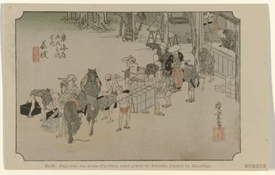 Fujieda 23. sz. Fujiyeda: Tokaido ötvenhárom megjelölt helye közül Hiroshige festette (cím a tárgyon) De Tôkaidô van Hiroshige (sorozat címe) Hiroshige no fude Tôkaidô (sorozat címe az objektumon)