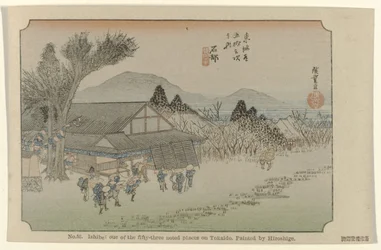 Ishibe No. 52. Ishibe: az ötvenhárom jegyzett hely egyike Tokaidón, Hiroshige festette (cím a tárgyon) De Tôkaidô van Hiroshige (sorozat címe) Hiroshige no fude Tôkaidô (sorozat címe az objektumon)