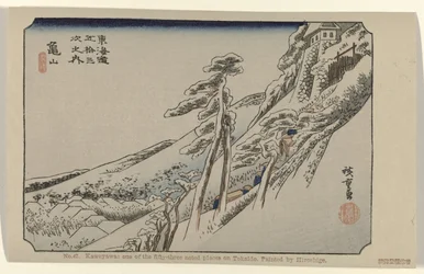 Kameyama No. 47. Kaweyawa: az ötvenhárom jegyzett hely egyike Tokaidón, Hiroshige festette (cím a tárgyon) De Tôkaidô van Hiroshige (sorozat címe) Hiroshige no fude Tôkaidô (sorozat címe az objektumon)