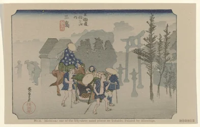 Mishima No. 12. Mishima: egyike az ötvenhárom jegyzett helynek Tokaidón. Hiroshige festette De Tôkaidô van Hiroshige (sorozat címe) Hiroshige no fude Tôkaidô (sorozat címe az objektumon)