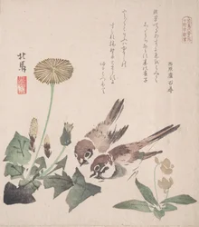 Tavaszi esőkollekció Harusame shu, vol. 3: verebek és pitypangok, kb. 1820., kb. 1820.