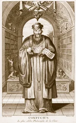 Kong-Fu-Tse, vagy Konfuciusz, Kína leghíresebb filozófusa, metszette Henry Fletcher (1729-ben).
