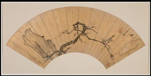 Plum Blossom and Rock (tinta arannyal mosott papírpapíron)
