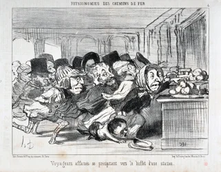 Honore Daumier (1808-1879) műve Charivari dátum 1852-ből: Serie PHYONOMIES DES CHAIN DE FERR Éhes utazók rohannak az állomás büféje felé MUSEE DES BEAUX ARTS - PALAIS LONGCHAMP, MARSEILLE