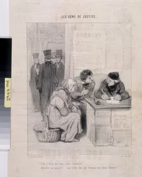 Honore Daumier (1808-1879) műve. A Charivari 1845-ből származik: Serie LES PEANS DE JUSTICE. "Muszáj levelet írni, hogy gyöngéd legyen? - Egy bírósági végrehajtó látogatása! Hát nem francia, jóember?" Dim 37.5x28. Kivonat a Le" Charivari" című újságból.