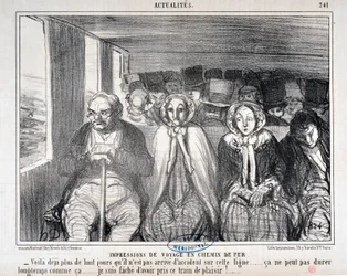 Honore Daumier (1808-1879) Charivari alkotása 1855-ből származik: Serie Actualites de voyage en railroad "" - Több mint nyolc napja nem történt baleset ezen a vonalon... ez nem tarthat sokáig így. .. Sajnálom, hogy ezen a vonaton utaztam