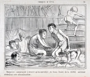 Honoré Daumier (1808-1879) alkotása az 1858-as Charivariból: „Nyári vázlatok” sorozat: „Fürdőzők, akik kezdik úgy találni, hogy szeptemberben a Szajna hideg fürdői megérdemlik ezt az elnevezést.” Musée des Beaux-Arts - Palais Longchamp, Marseille