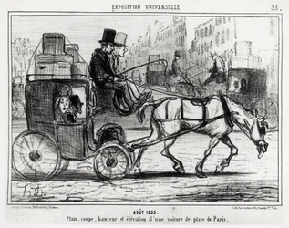 1855. augusztus, egyetemes kiállítás: egy párizsi autó terve, vágása, magassága és magassága. Illusztráció Honore Daumier (1808-1879) által, a „Charivari” című újságban, szeptember 4-én