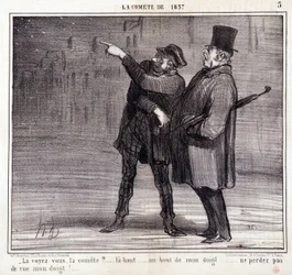Karikatúra a tudományról. Sorozat az 1857-es Comete-ről: "Látod a bizottságot?..." Egy tolvaj eltereli áldozata figyelmét. Honore DAUMIER (1808-1879) metszete. Kivonat a "Le Charivari" című újságból március 19.