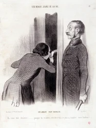 Karikatúra a párról. "Az élet szép napjai" című sorozat: "Egy túl boldog szerető..." Honore DAUMIER (1808-1879) metszete. Kivonat a "Le Charivari" című újság szeptember 1-jei számából.