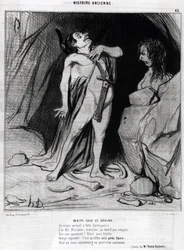 Honore Daumier rajzfilmje Oidipuszról és a Szfinxről, a „Charivariban”, december 12.