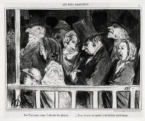Jó párizsiak: szórakozásra váró párizsiak, kétórás sorban állás valamiféle színház előtt. Honoré Daumier (1808-1879) illusztrációja, megjelent a „Le Charivari” című lapban, március 5-i keltezéssel