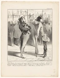 Robert-Macaire Bertranddal beszélget egy nyomda kirakatánál Caricaturana (sorozat címe a tárgyon)