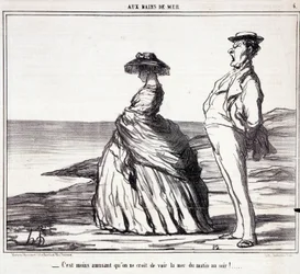 Serie "" Les Bains de Mer"": "" Kevésbé szórakoztató, mint gondolnád reggeltől estig látni a tengert! "" Rajzfilm a turistákról nyaralni. Honore DAUMIER (1808-1879) metszete. Kivonat a „Le Charivari” című újságból, szeptember 9