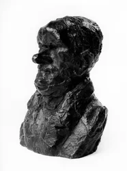 A „Celebrites du Juste Milieu” „” karikatúrájának mellszobrai Auguste Ganneron (1792-1847) képviselő és iparművész. A félénk.”” Honore Daumier (1808-1879) szobra XIX. L 48,4 Méret cm-ben H 18 x L 13 Musee des Beaux Arts, Palais Long