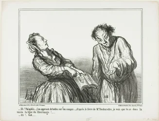 "- Ó, Théophile, micsoda szörnyűségeket olvasok rólad. Desbarolles úr könyve szerint azt mondhatom, hogy a tenyeredben vannak a libertinage vonalai!... - Ó, hát...", 1. tábla a Ces Bons Parisiensből.